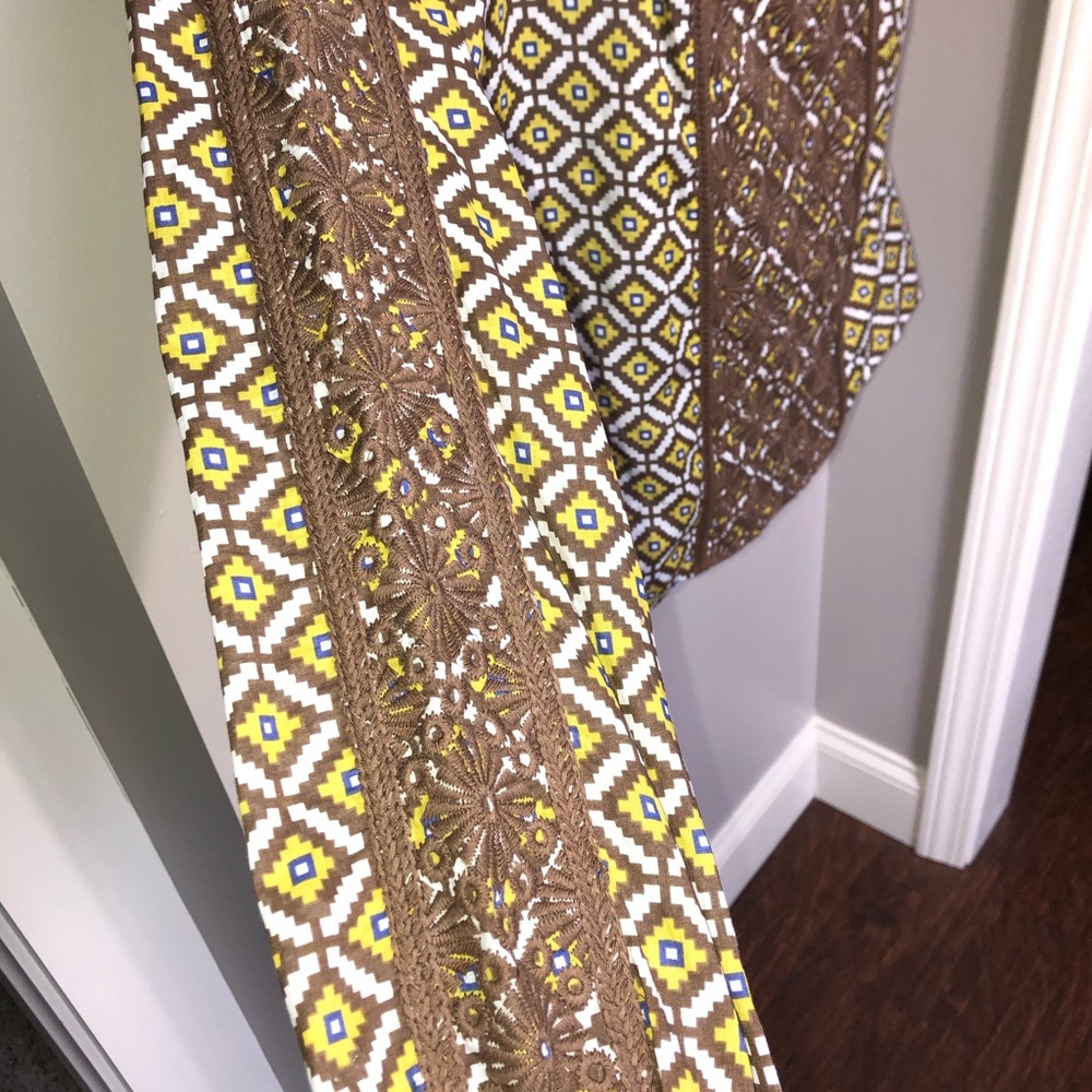 Tory Burch Brown Yellow Diamond Geometric Pattern Embroidered Trim Top Size 6 - Picture 7 of 7